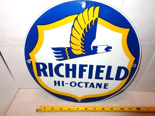 11 3/4 RICHFIELD HI-OCTANE GASOLINE ADV. SIGN DIE CUT METAL PORCELAIN -S 281