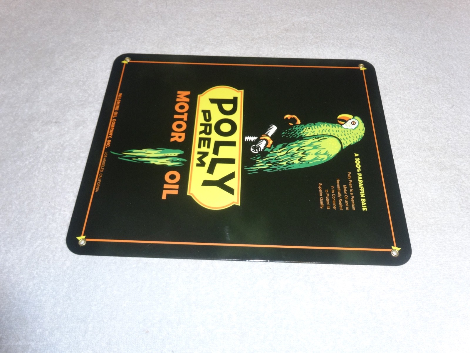 VINTAGE POLLY PREMIUM GASOLINE PARROT 12.5″ PORCELAIN METAL WILSHIRE CA OIL SIGN