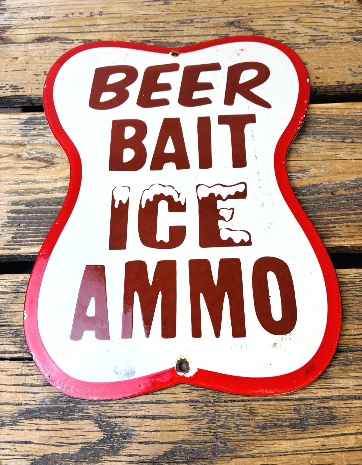 VINTAGE 12×9″ BEER BAIT ICE AMMO PORCELAIN GAS OIL SODA POP PUMP STATION SIGN