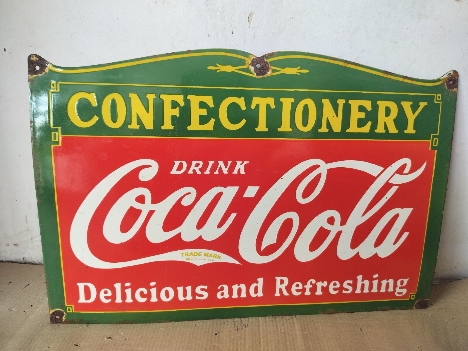 Drink Coca Cola Confectionery Porcelain Enamel Sign 27 x 18 Inches