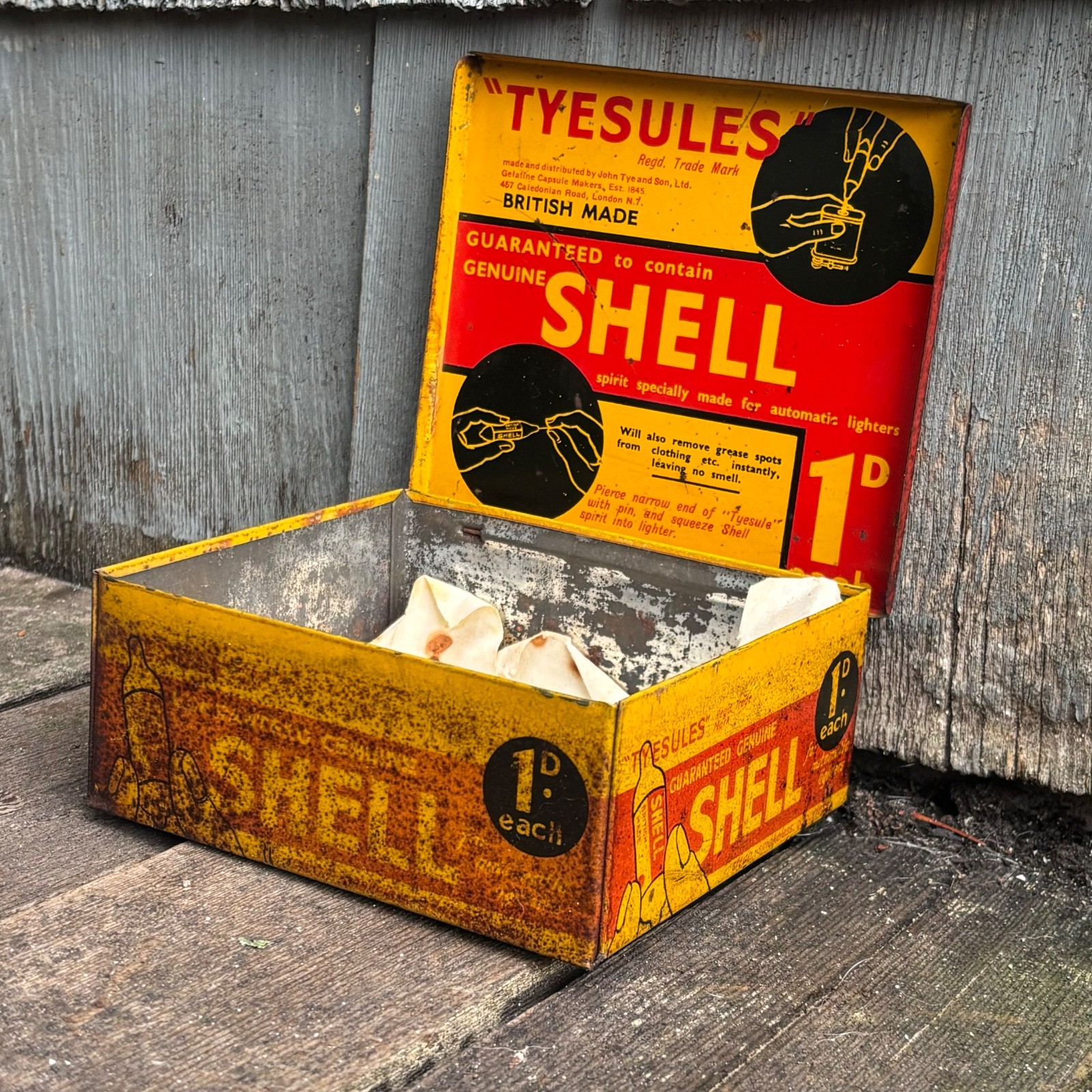 1940s SHELL SPIRIT ~ TYESULES Metal Counter Top Store Display Gas Oil Sign