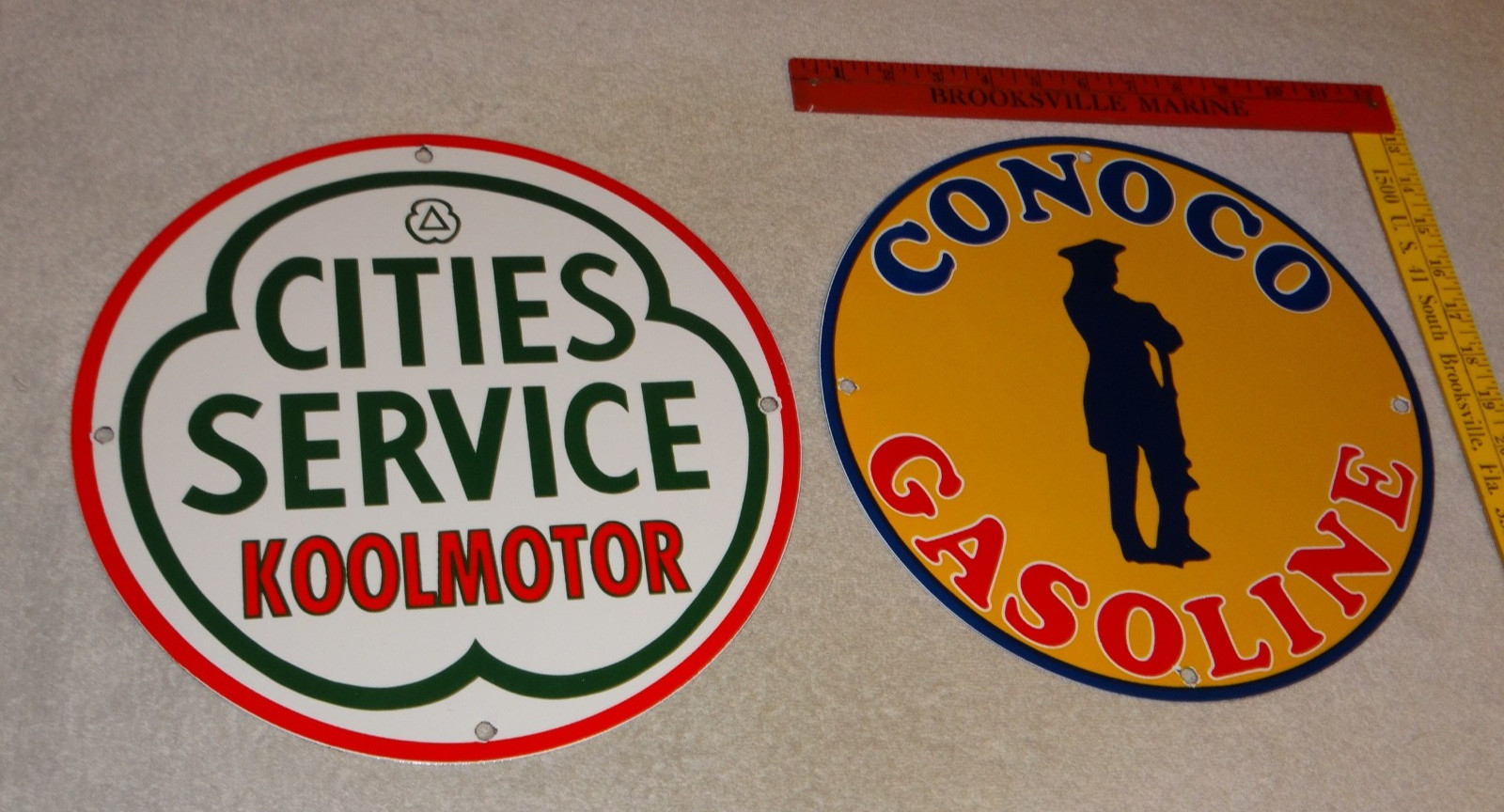 VINTAGE CONOCO GASOLINE MINUTEMAN +CITIES SERVICE KOOLMOTOR PORCELAIN METAL SIGN