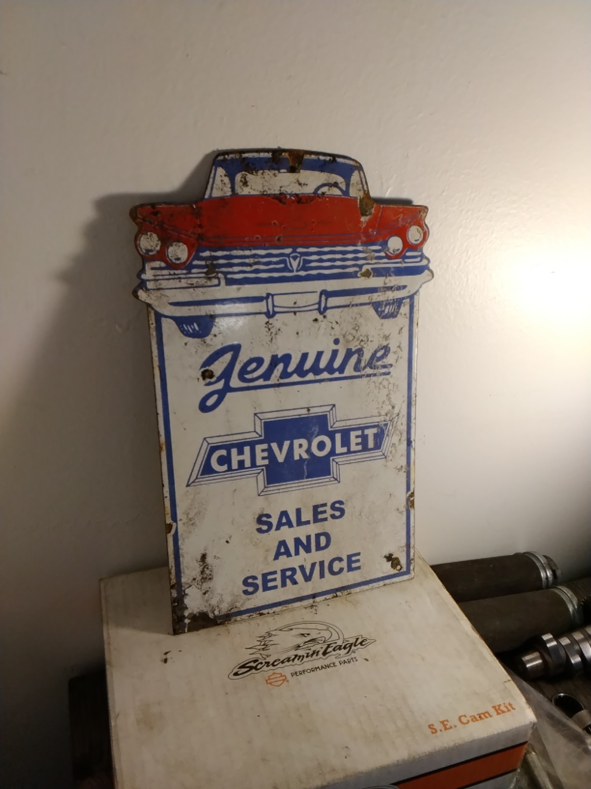 Porcelain Chevy Sign Approx 12″x7.5″ Inches Over Steel Service Station Garage