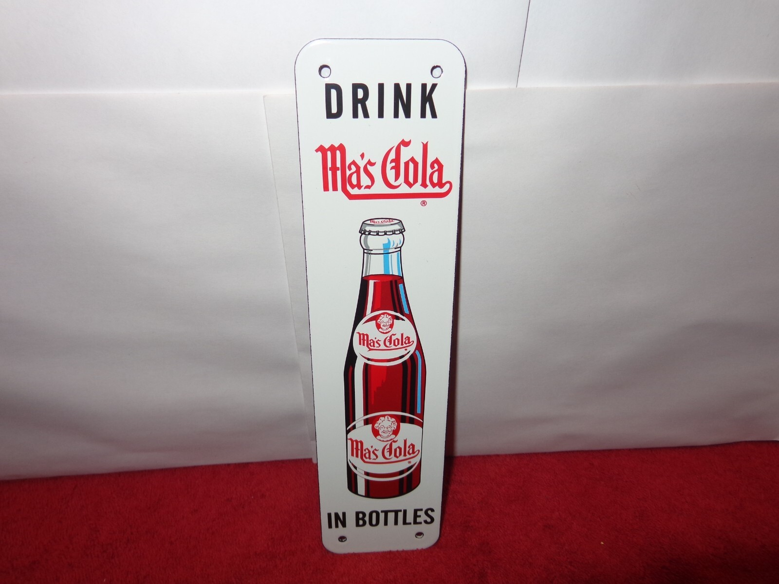 10 x 2 1/2 in DRINK MA`S COLA SODA POP SIGN HEAVY METAL PORCELAIN # 974