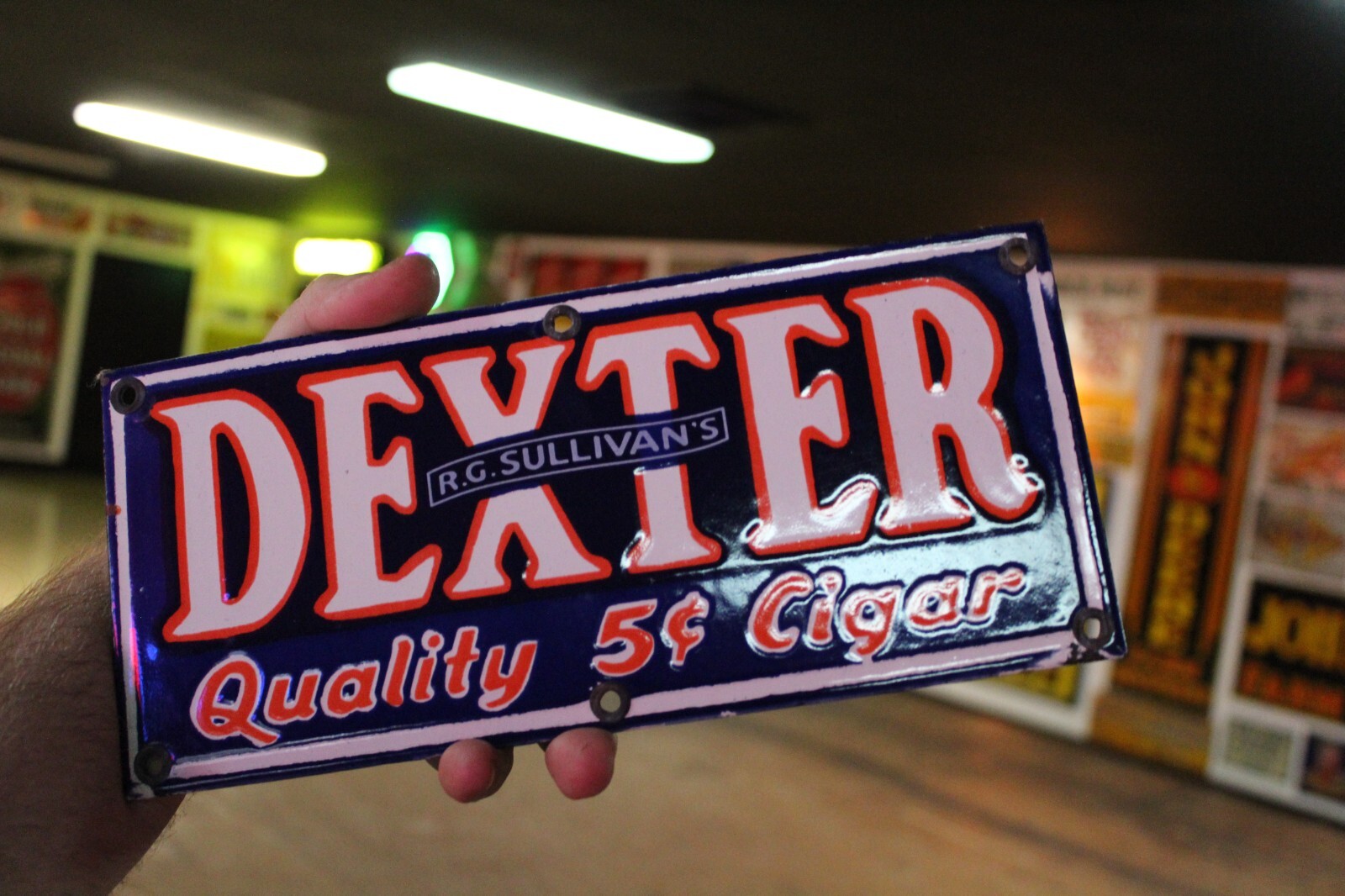 DEXTER R.G. SULLIVAN’S 5 CENT CIGAR DEALER PORCELAIN SIGN TOBACCO PIPE GAS OIL