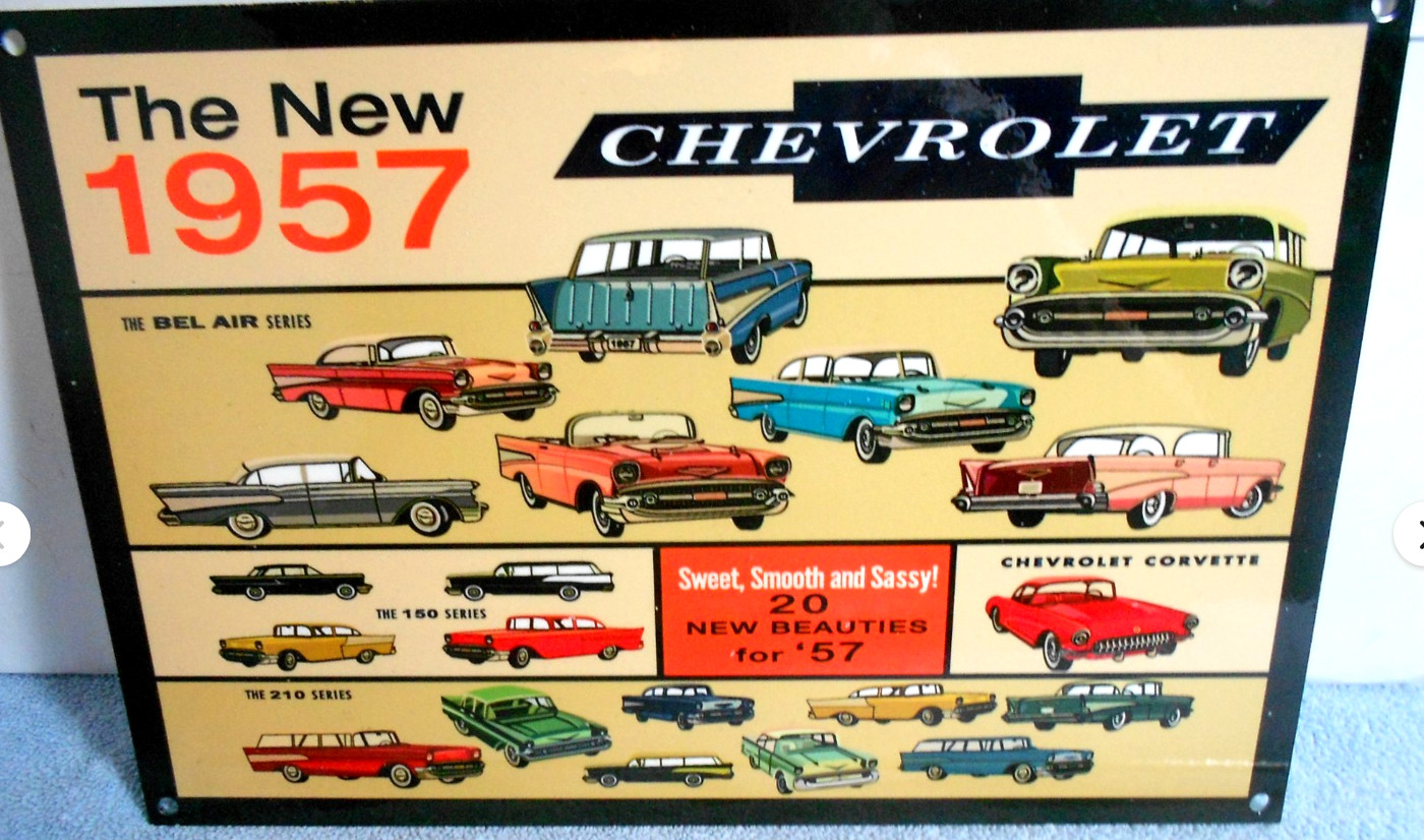 VINTAGE CHEVROLET “NEW BEAUTIFUL 1957 CHEVY’S 12” GAS OIL ADVERTISING SIGN METAL