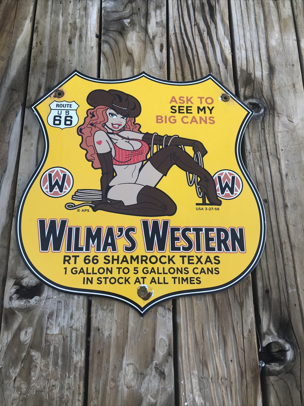 Vintage Route 66 Wilma’s Western Shamrock Texas Oil Can Porcelain Sign
