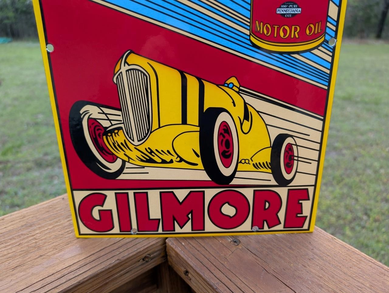 HEAVY PORCELAIN GILMORE LION HEAD MOTOR OIL SIGN GAS STATION PUMP PLATE MONARCH