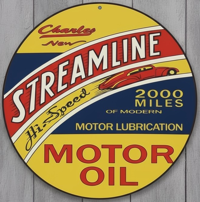 Streamline Motor Oil 8″ Diameter Novelty Metal Sign Made In USA New!