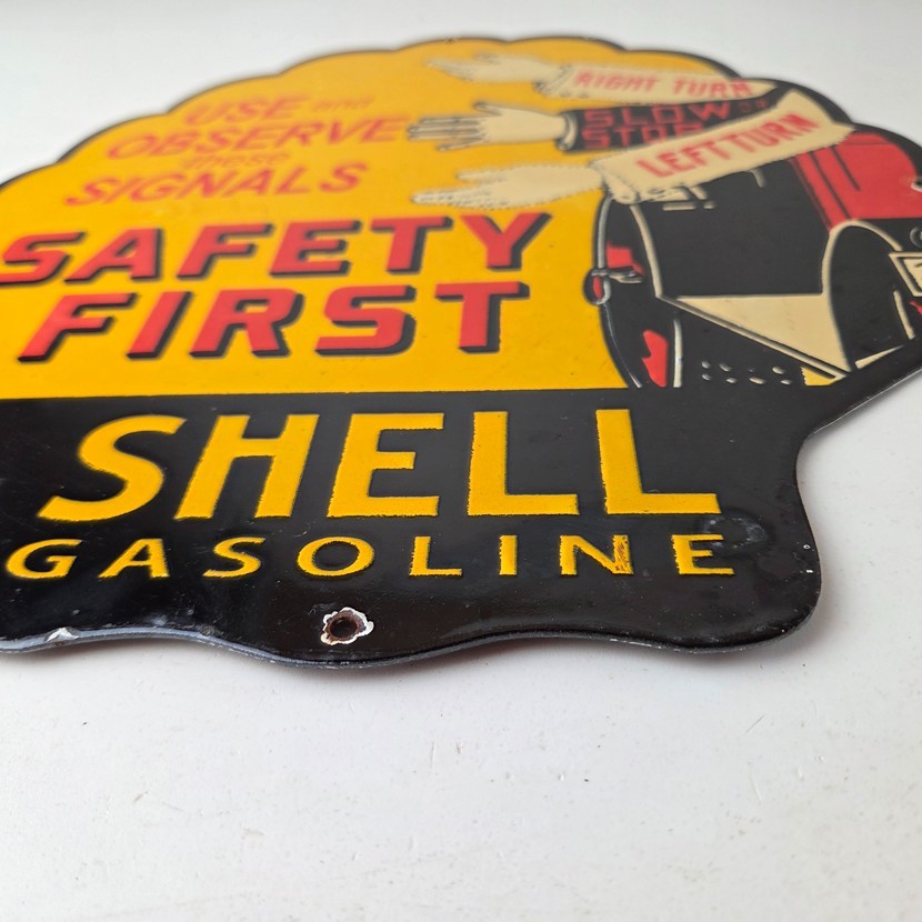 Vintage Shell Gasoline Sign – Safety First Porcelain Gas Pump Plate Sign