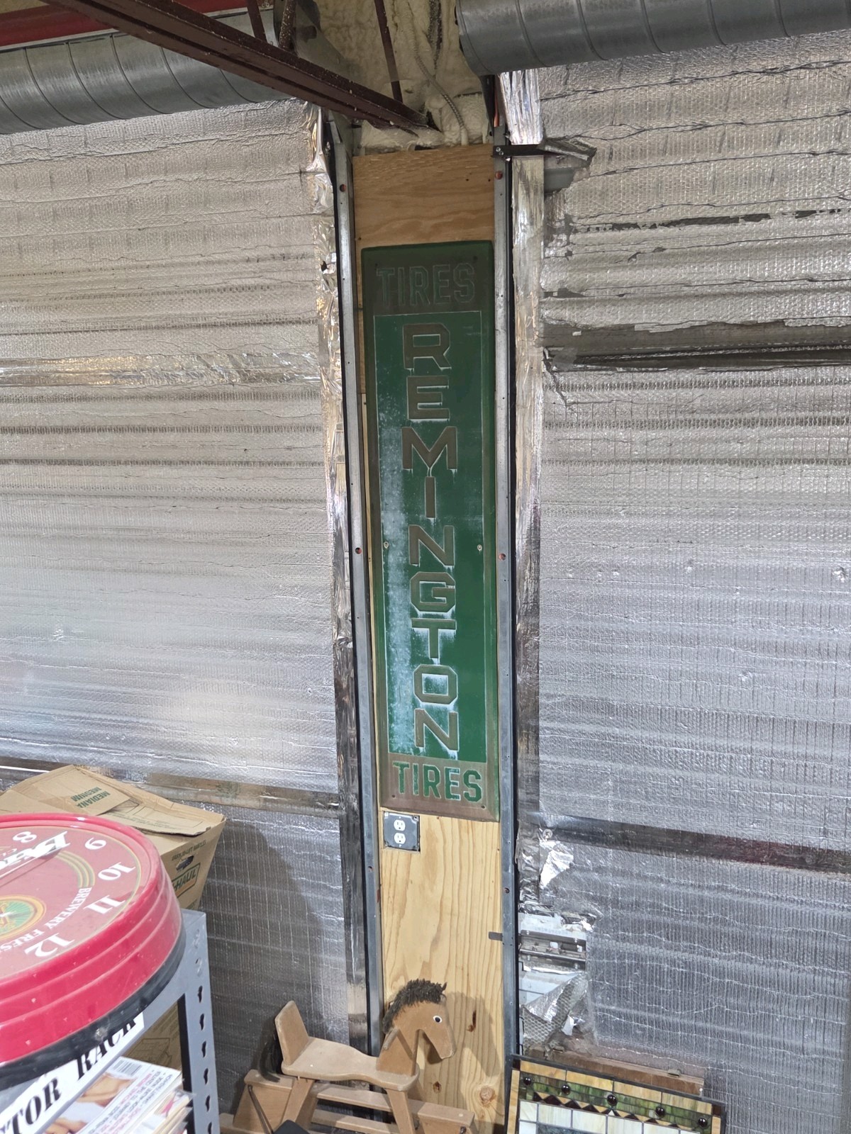 Vintage ORIGINAL 1983 Remington Tires Vertical Embossed Metal Sign Nice Patina