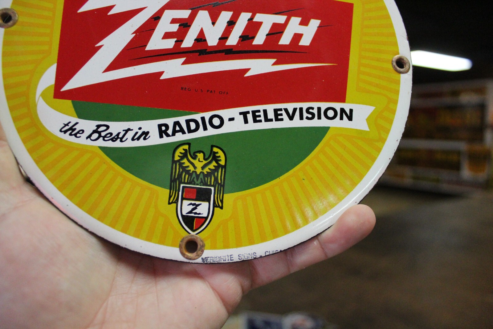 RARE ZENITH RADIO TV DEALER PORCELAIN METAL SIGN TUBE REPAIR ELECTRONIC DEPT