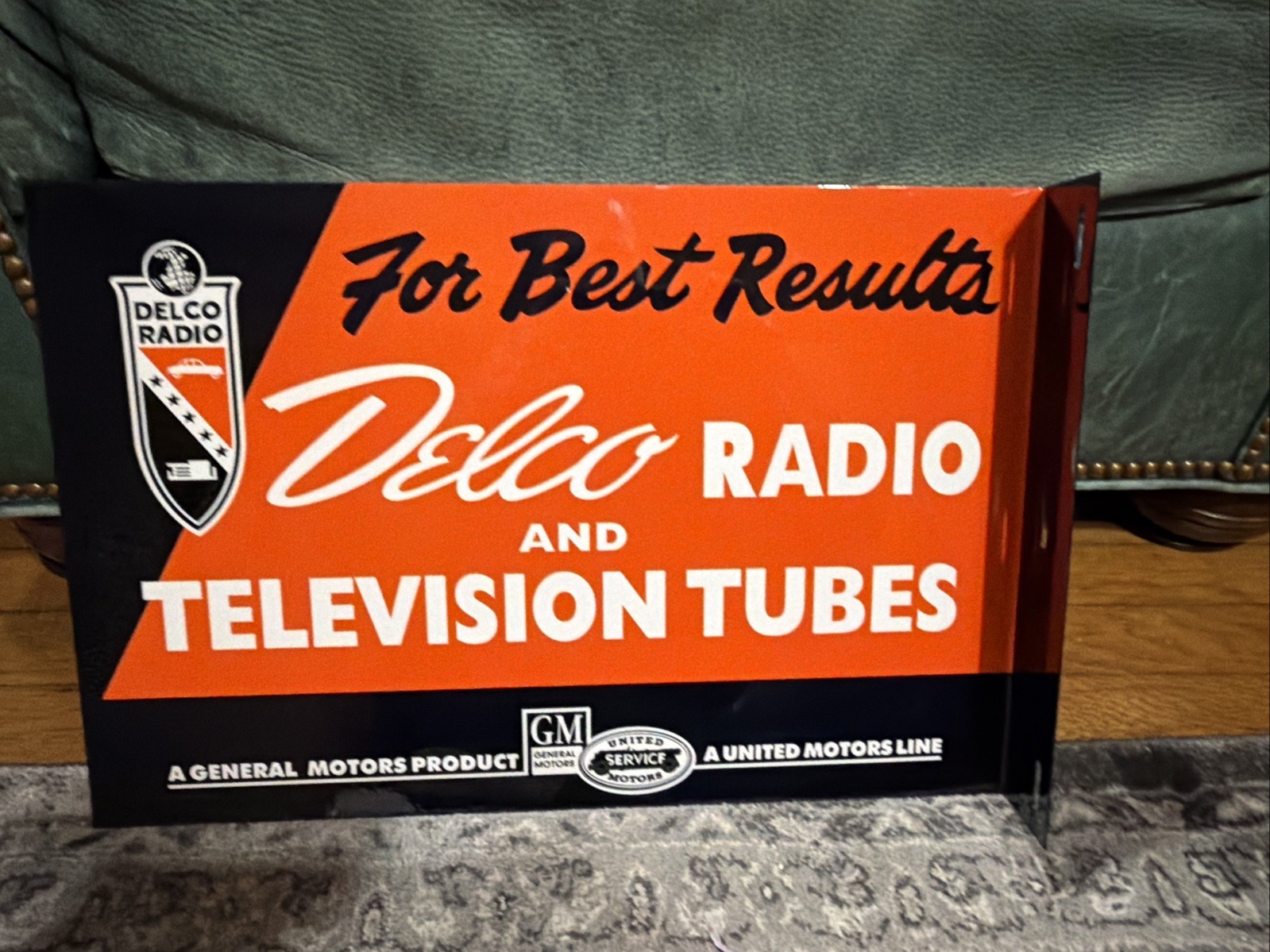Vintage Style Delco Radio Gm United Service Motors Flange Advertising Sign