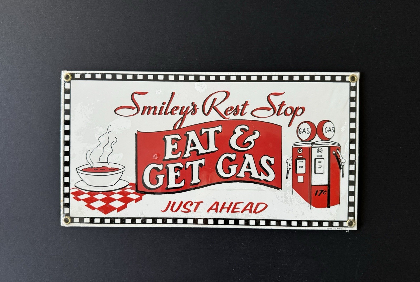 Vintage Ande Rooney Porcelain Sign Smiley’s Rest Stop 1996 Eat & Get Gas – NEW