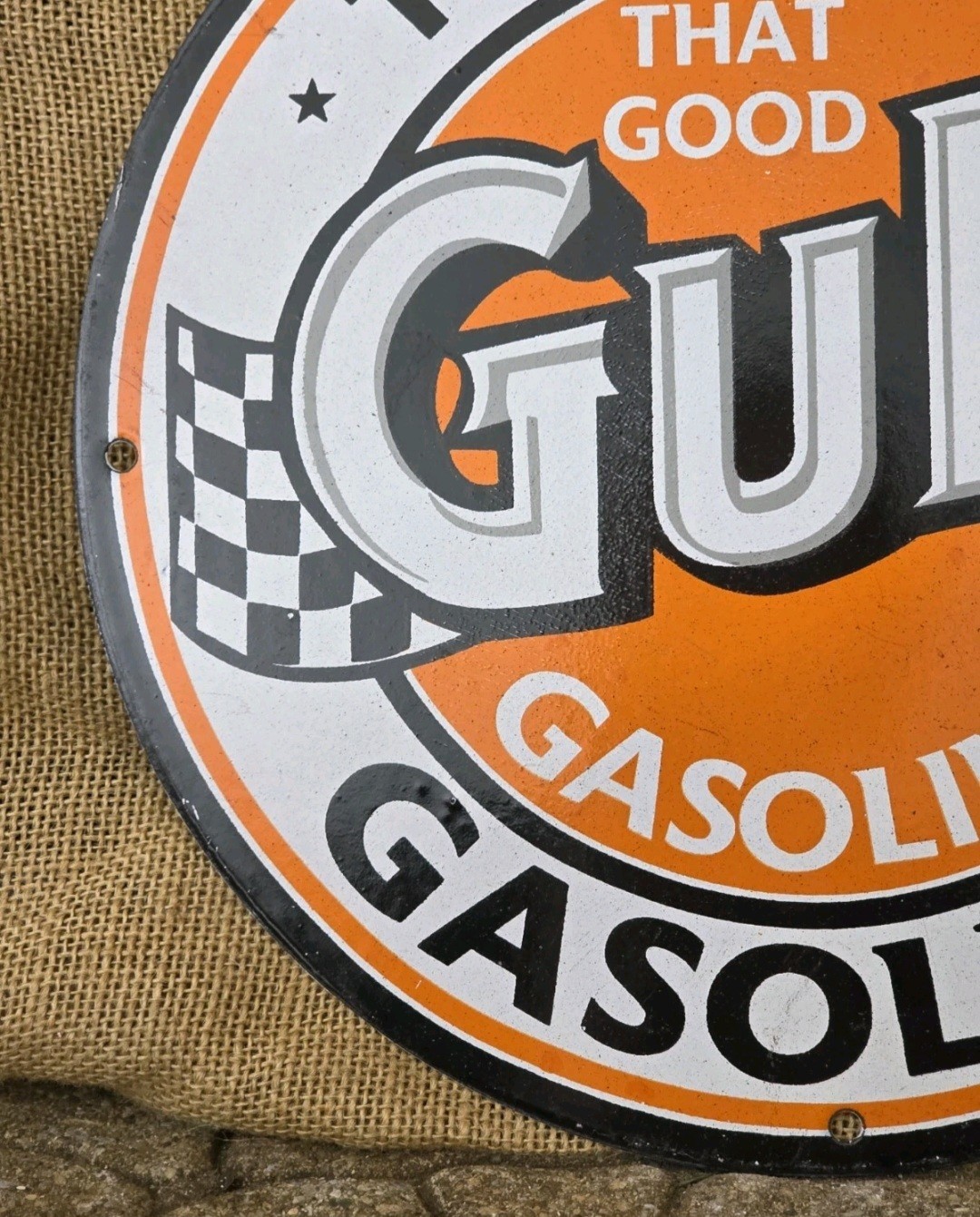 VINTAGE “THAT GOOD GULF “GASOLINE PORCELAIN GAS PUMP MOTOR OIL SIGN 12″.