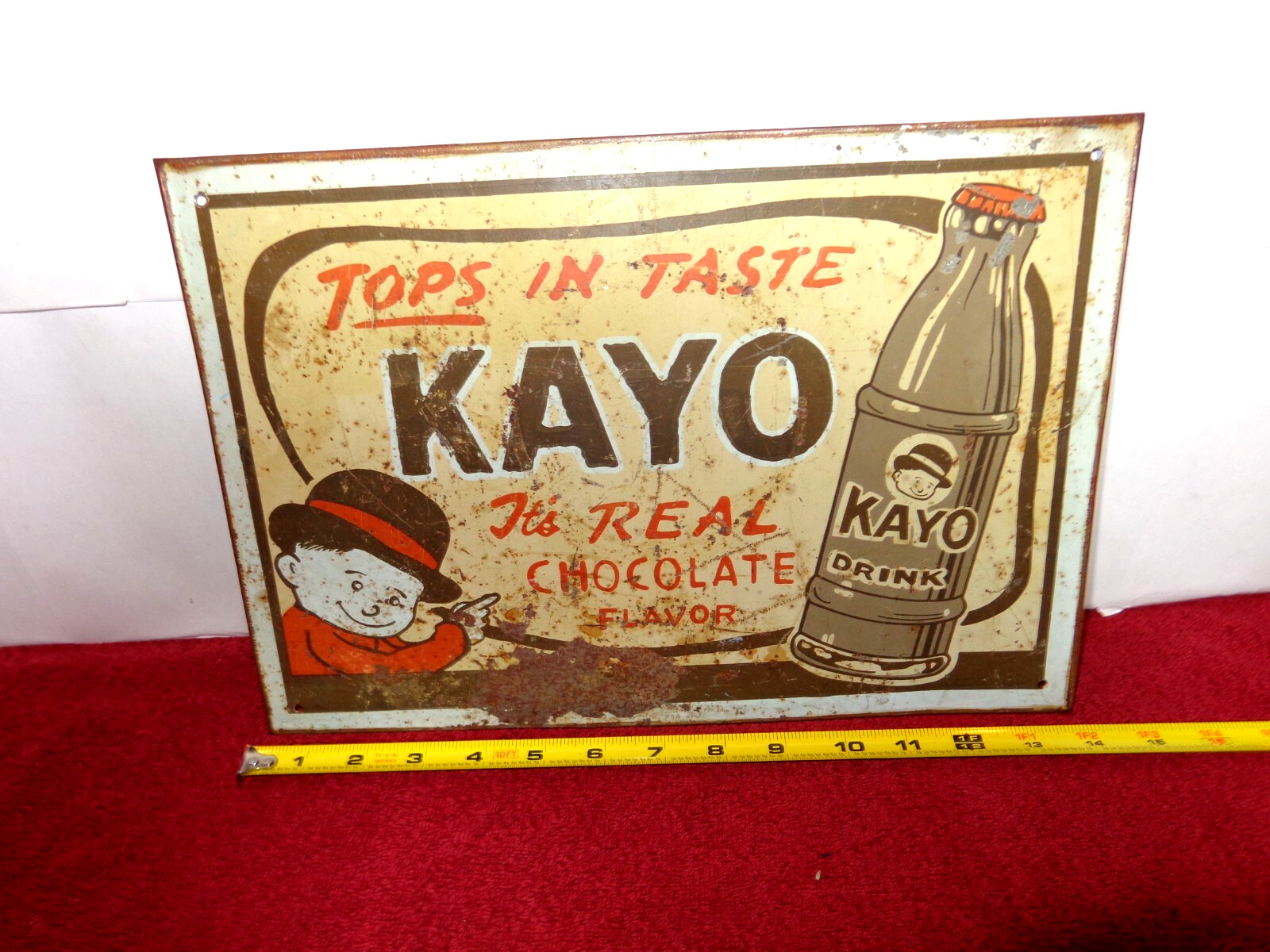 14×9 1/2 in DRINK KAYO SODA POP REAL CHOCOLATE ADV SIGN TIN METAL TACKER – S280F
