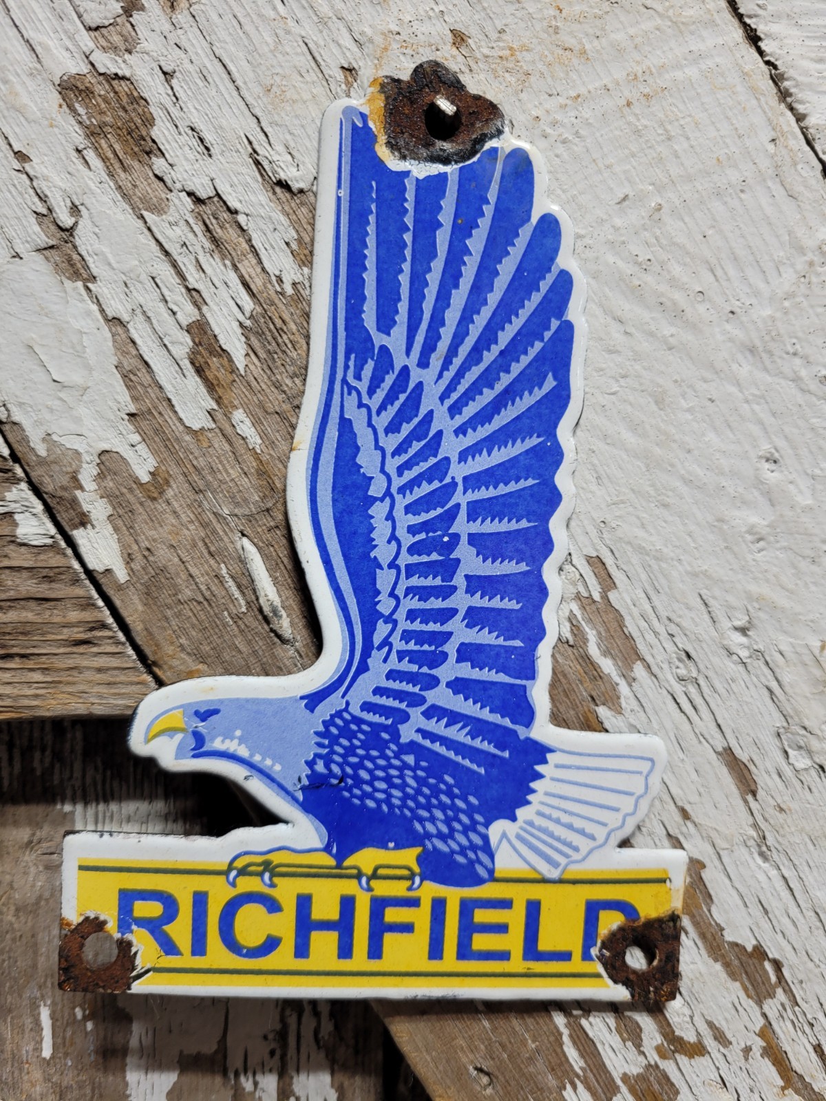 VINTAGE RICHFIELD PORCELAIN SIGN OLD AUTOMOBILE MOTOR OIL GAS DIECUT EAGLE BIRD