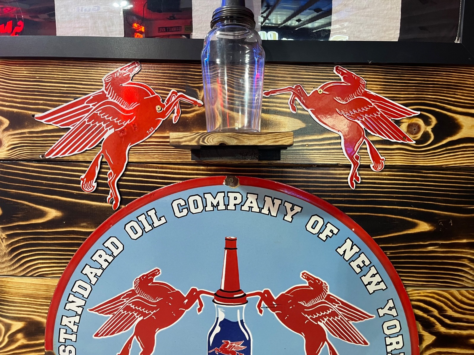 4 pcs. 30in Vintage Mobil Oil Socony Vacuum porcelain sign,2 Pegasus,1 A spout