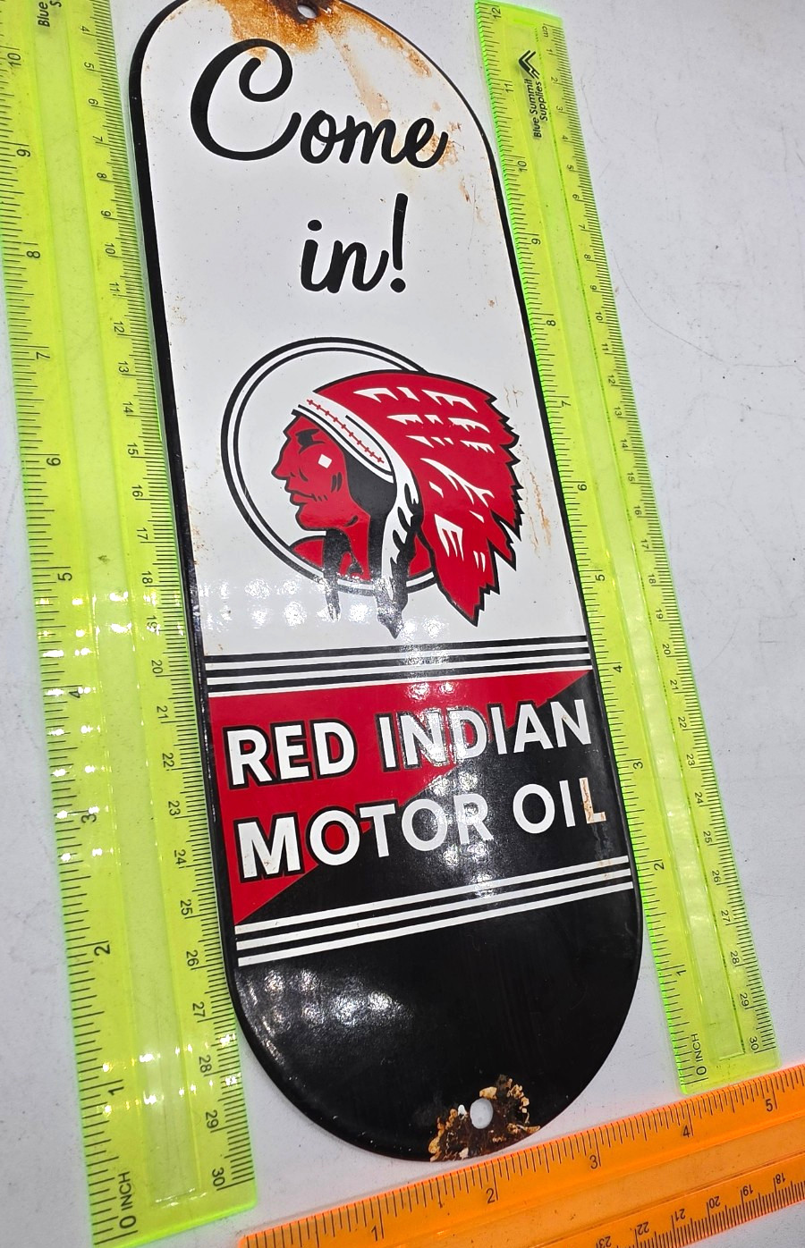 RED INDIAN MOTOR OIL 12″ VINTAGE Gas Pump Service Station Dealer Porcelain Sign