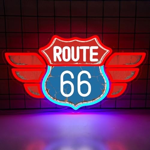 Vintage Route 66 Neon Sign – Dimmable LED Wall Decor for Garage, Man Cave & Part