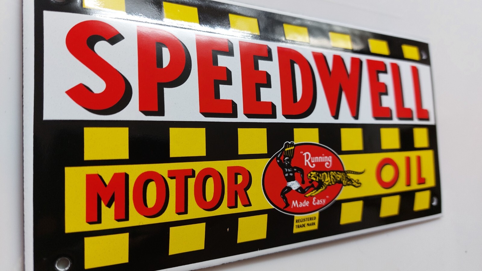 SPEEDWELL MOTOR OIL PORCELAIN DOOR ENAMEL GARAGE SIGN 10x20cm=4×8″