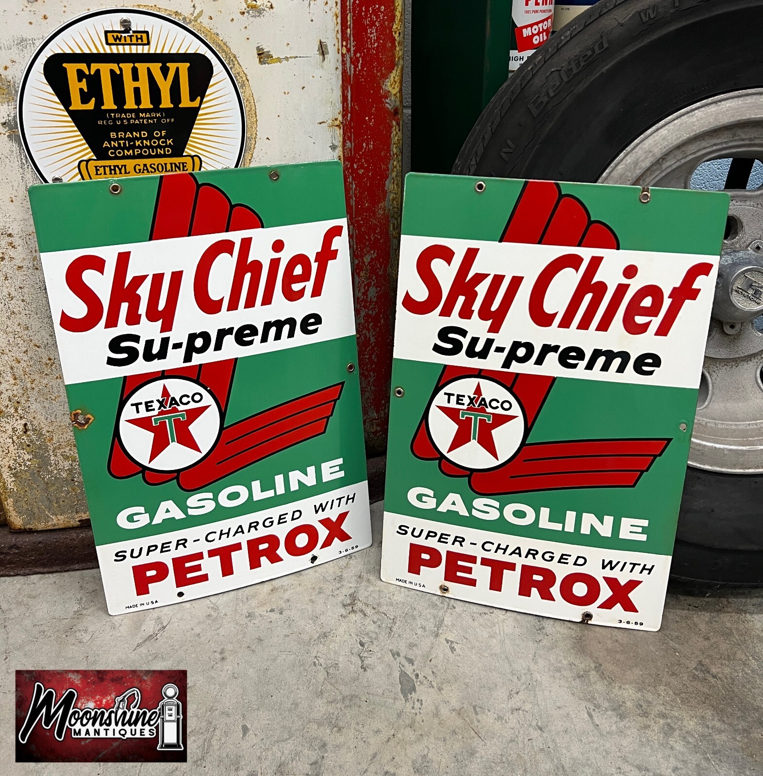 MATCHING PAIR of 1950’s TEXACO Sky Chief Porcelain Gas Pump Plate Signs