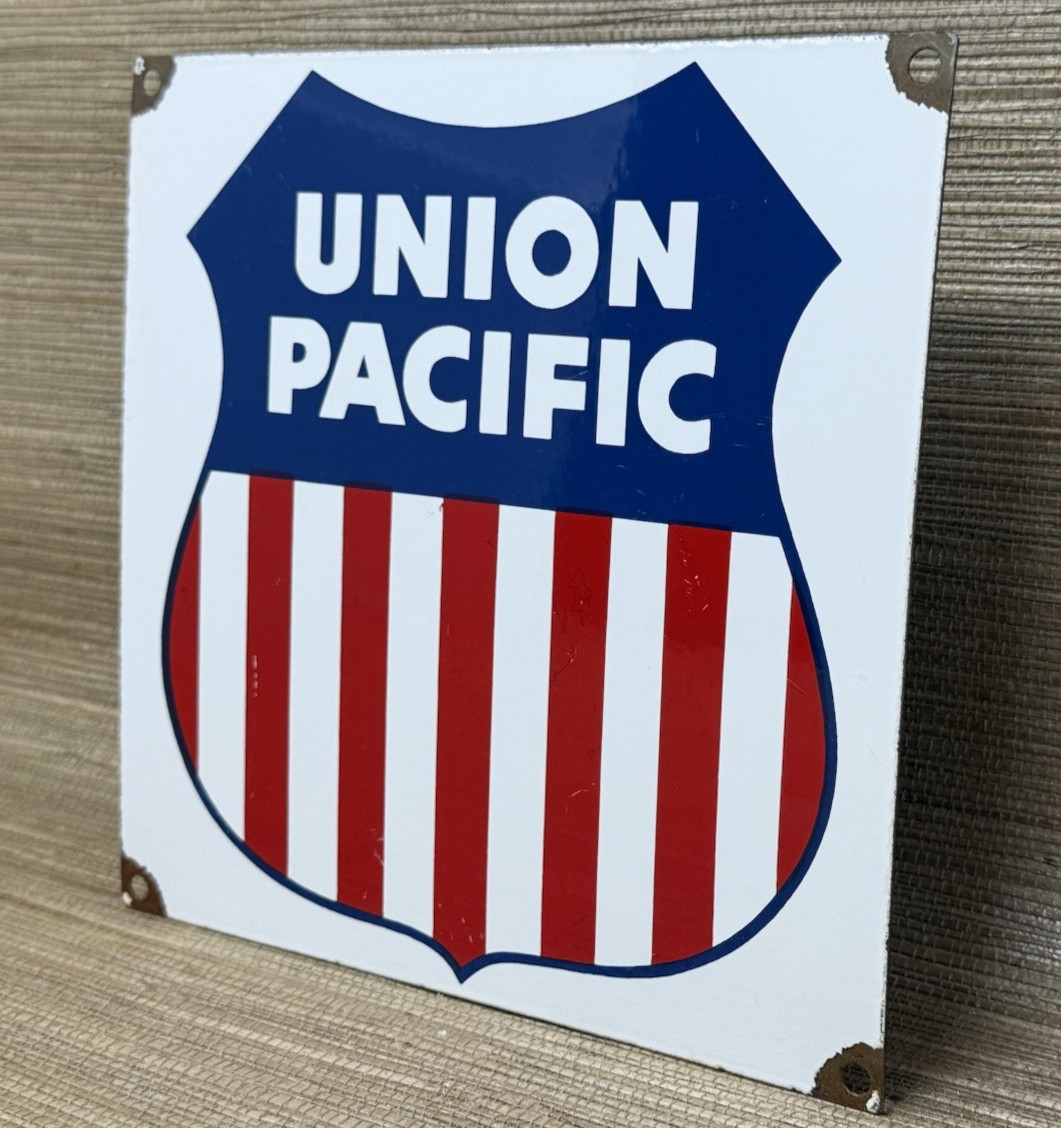 VINTAGE UNION PACIFIC PORCELAIN SIGN TRAIN STATION GAS OIL RAILROAD FREIGHT