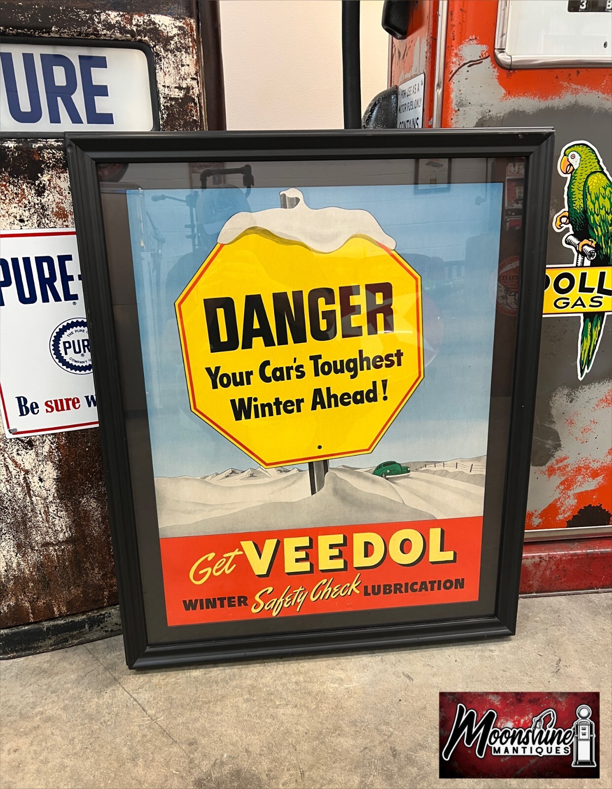 Vtg. 1940’s VEEDOL Motor Oil Framed Advertising Sign