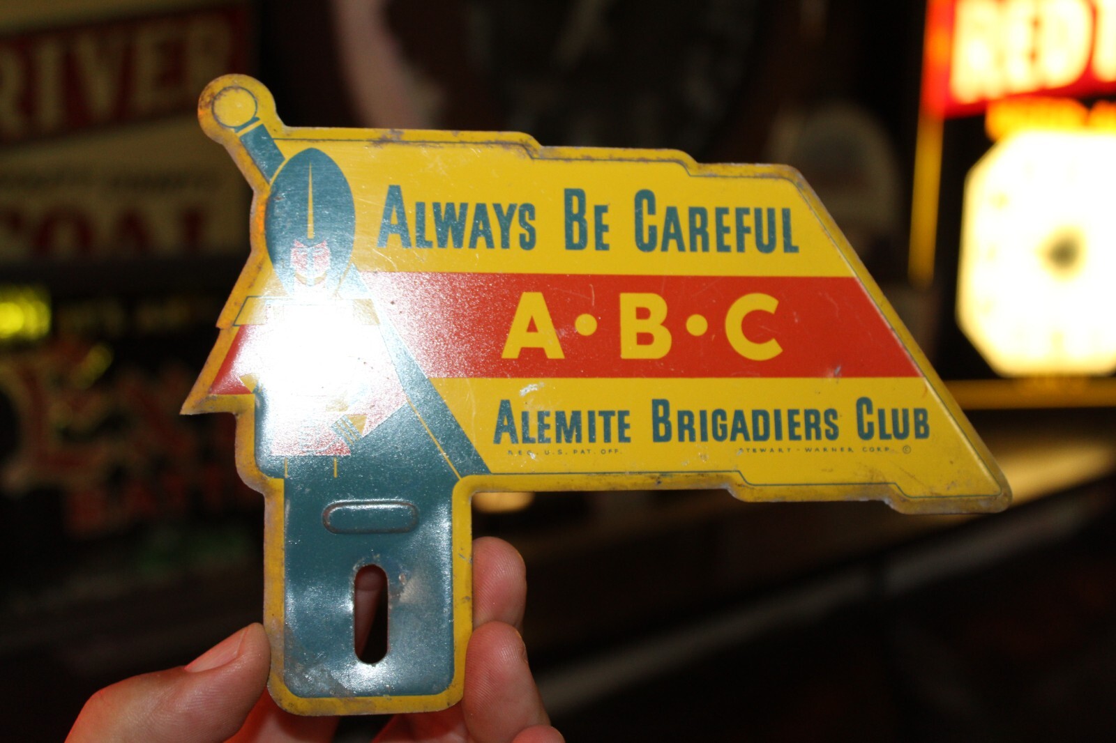 RARE 1950s ABC ALEMITE BRIGADIERS CLUB ALWAYS CAREFUL PAINTED METAL TOPPER SIGN