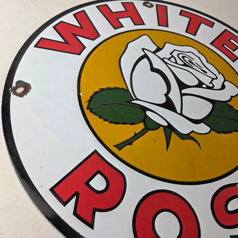 Vintage White Rose Gasoline Sign – Service Station Gas Oil Pump Plate Sign