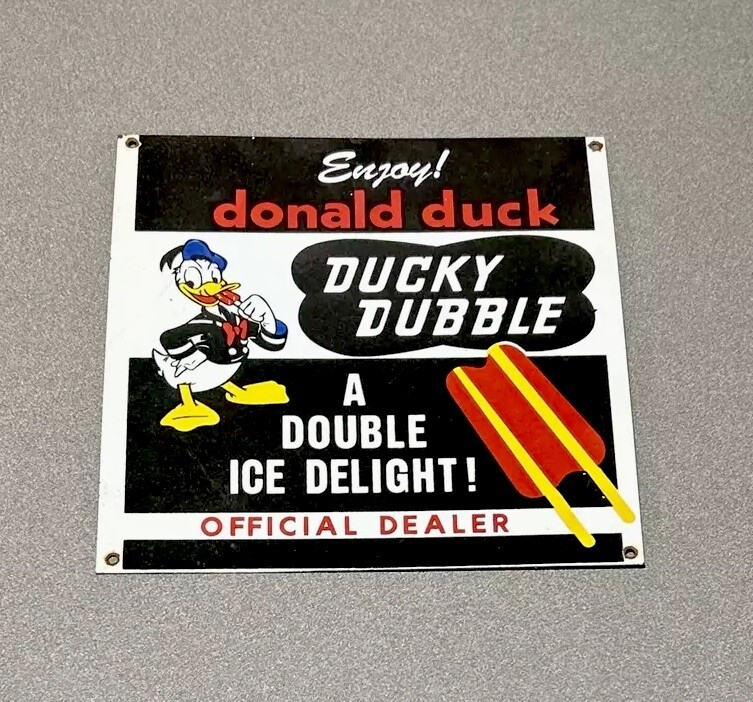VINTAGE 12” DONALD DUCK DISNEY ICE CREAM PORCELAIN SIGN CAR GAS OIL TRUCK