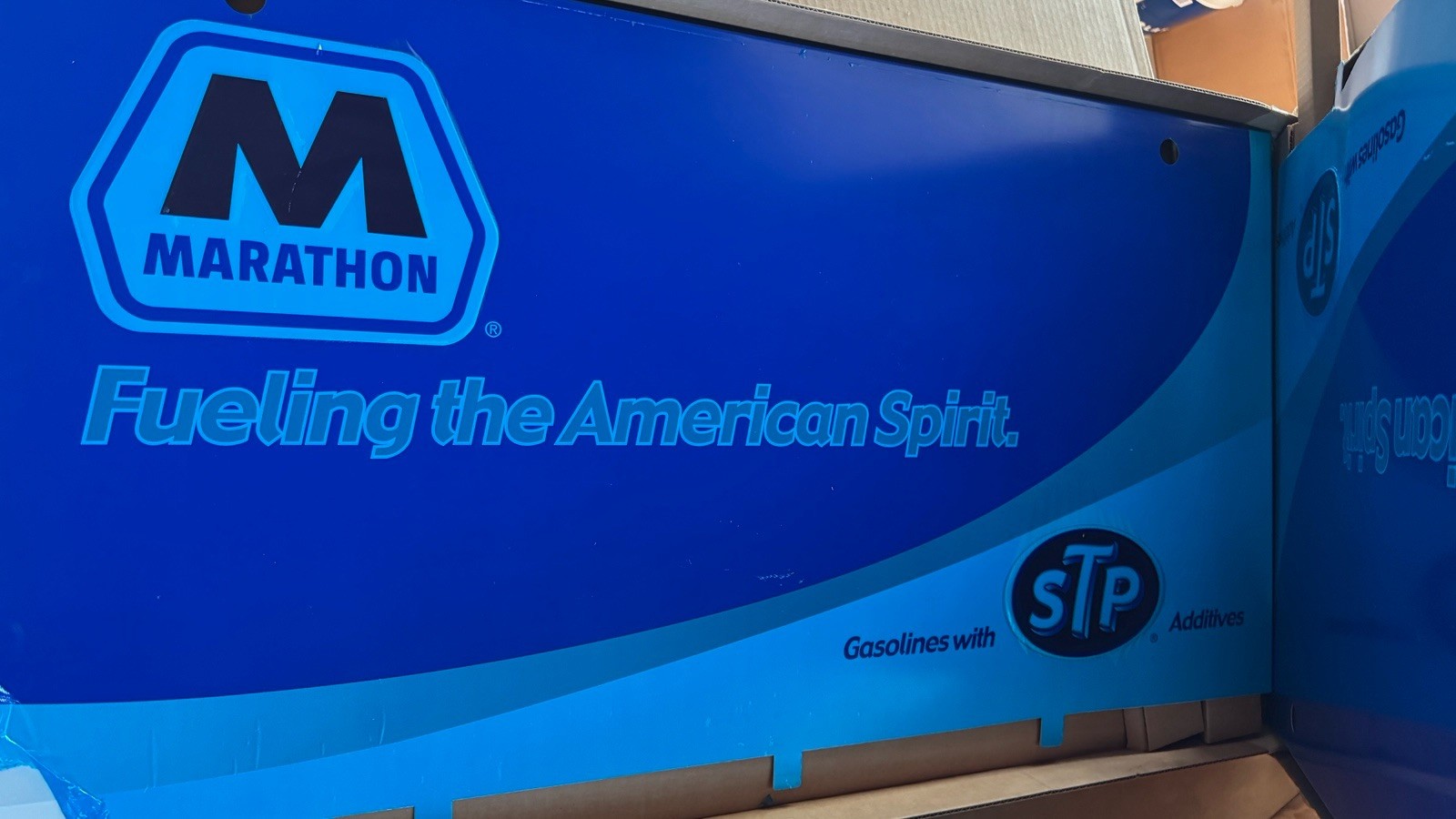 Marathon “Fueling the American Spirit” STP Gasoline Dispenser door Sign Blue