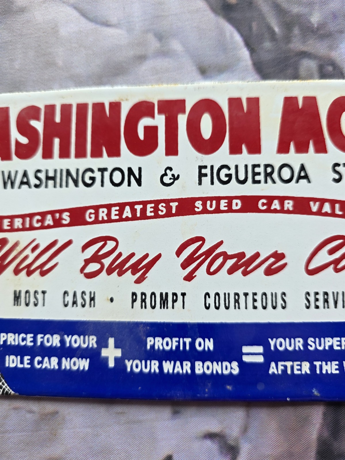 VINTAGE WASHINGTON MOTORS USED CARS PORCELAIN SIGN MOTOR OIL AUTO SALES 10″X4.5.