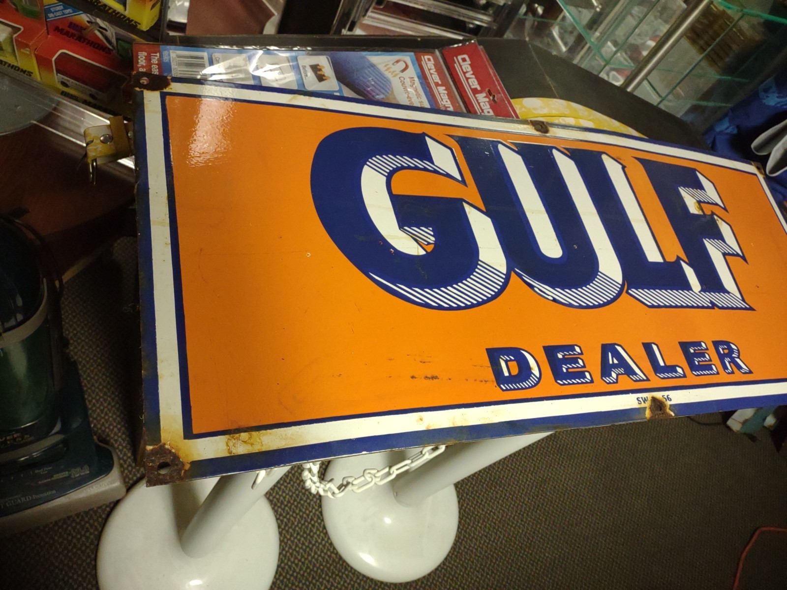 LARGE VINTAGE GULF MOTOR OIL PORCELAIN GAS OIL SERVICE STATION DEALER SIGN 3FT