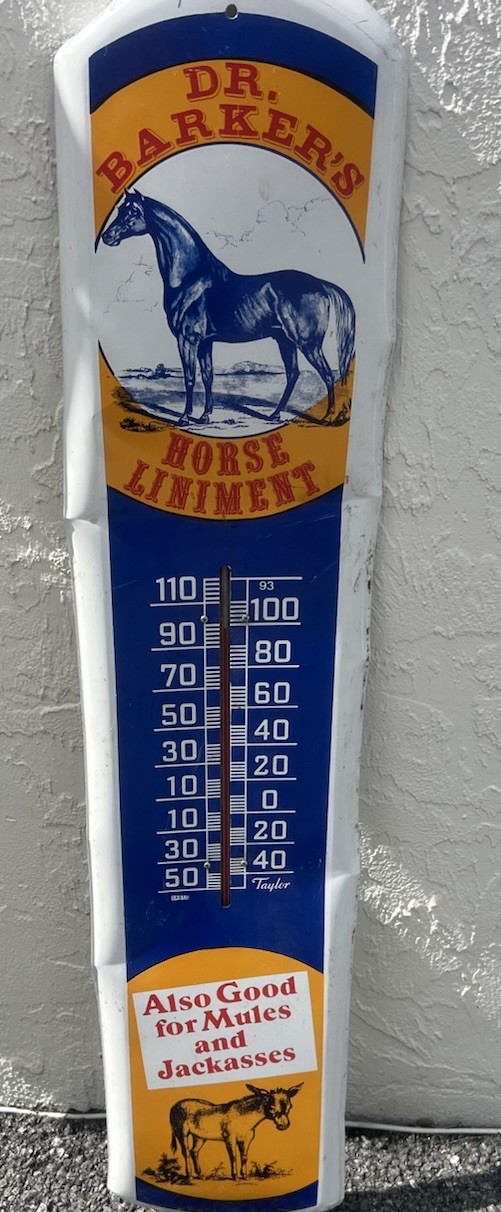 DR. BARKER’S Horse Liniment Metal Sign HORSE & DONKEY Thermometer 38”