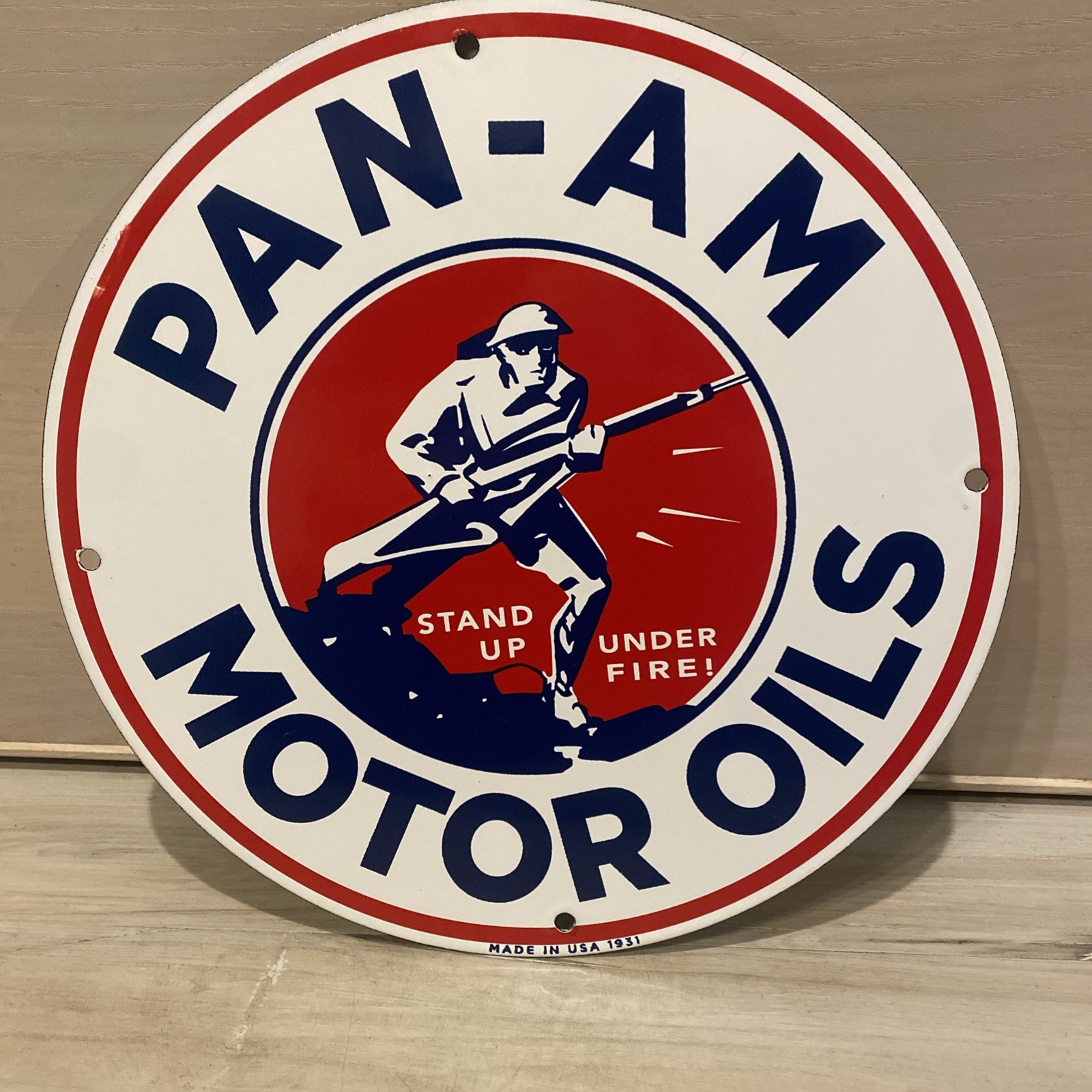 PAN-AM PORCELAIN SIGN OLD GAS PUMP PLATE 1931 MILITARY MOTOR OIL SOILDER 12”
