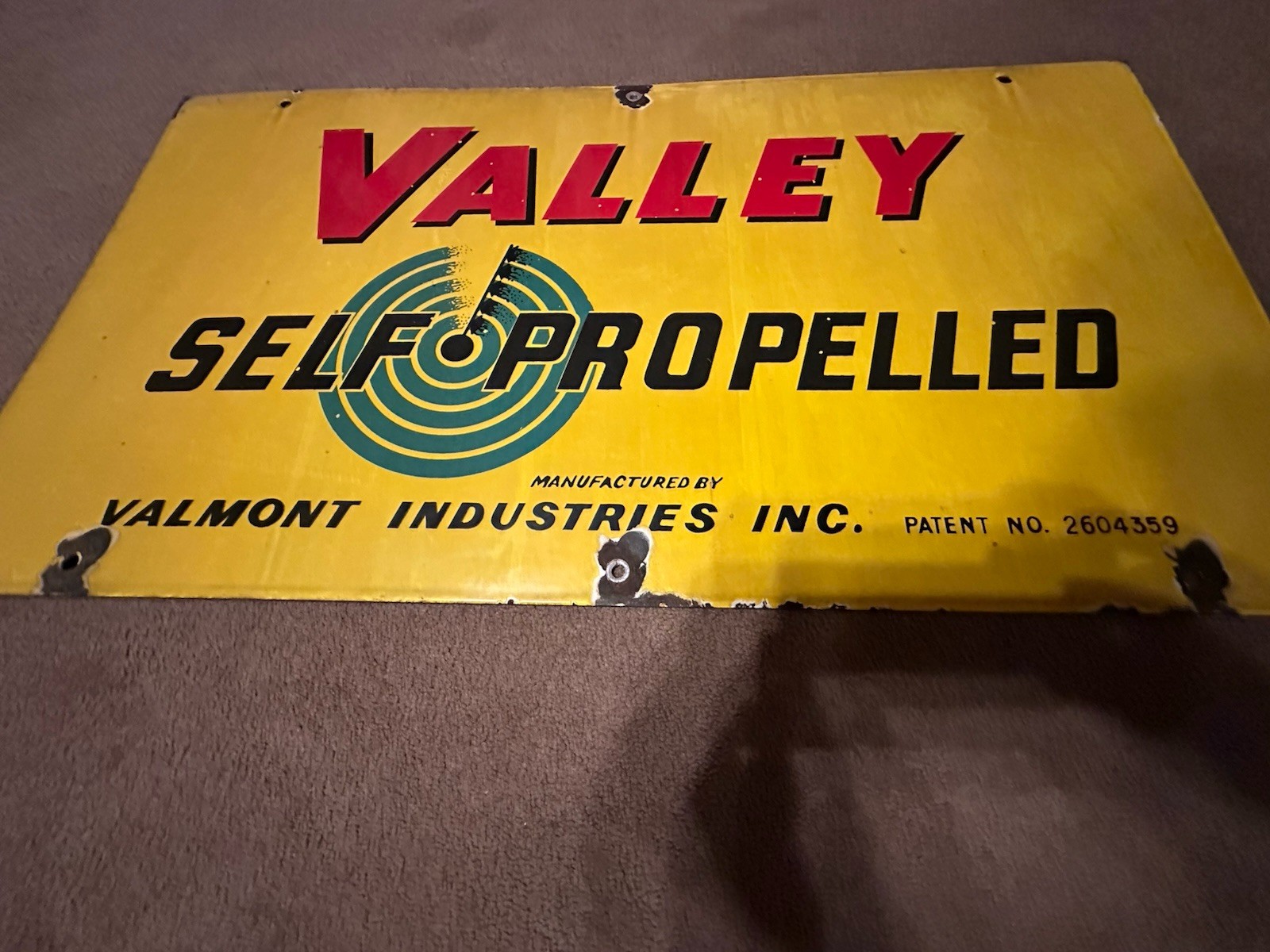 Valley Self Propelled Porcelain Sign Farm Related Red Yellow Green Black Old
