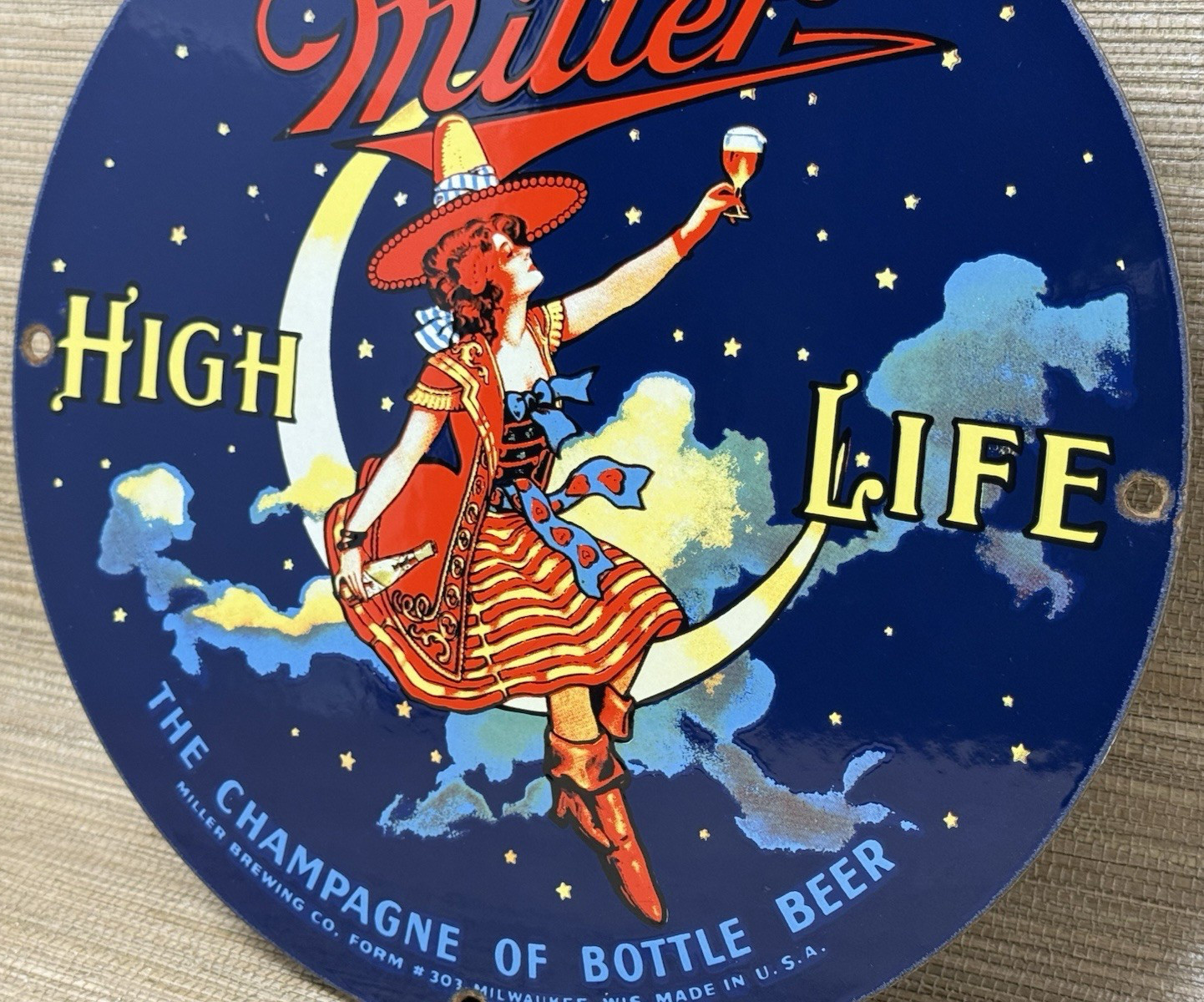 VINTAGE MILLR HIGH LIFE BEER PORCELAIN SIGN GAS STATION OIL LIQUOR STORE BOTTLE