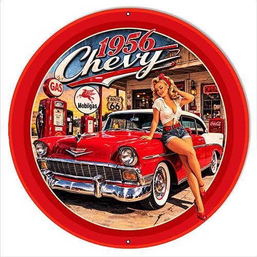 Vintage Style Metal Sign 1956 Chevy Gas Station Pinup 24×24 Made USA