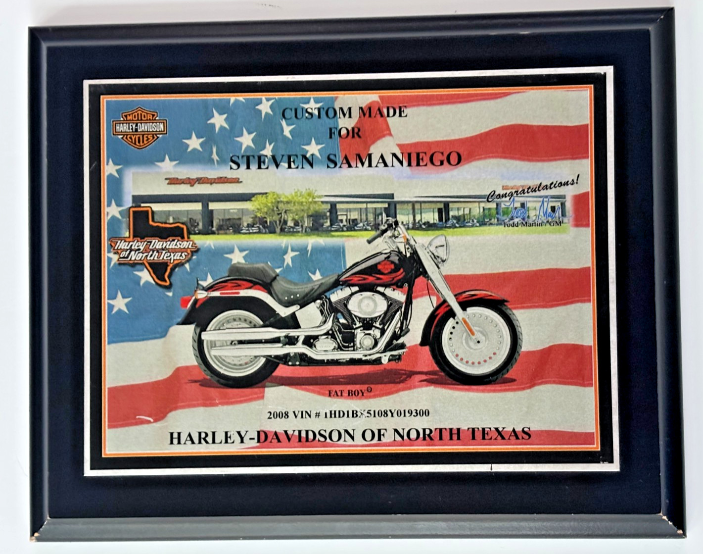Harley Davidson North Texas Motorcycle Sign 2008 Fatboy Custom Ownership Plaque