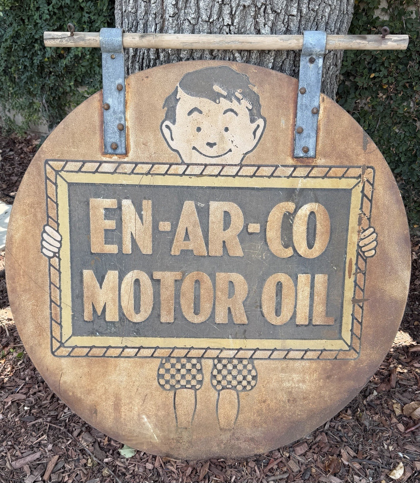 RARE Original EN-AR-CO Motor Oil Boy DST Hanging Sign Pre-War c1920s-30s