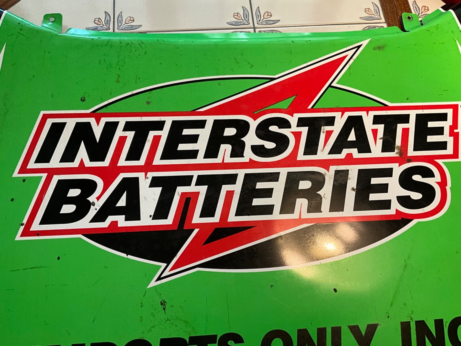 Interstate Batteries Metal SIGN Race Car Hood “IMPORTS ONLY” 29” x 23” USED