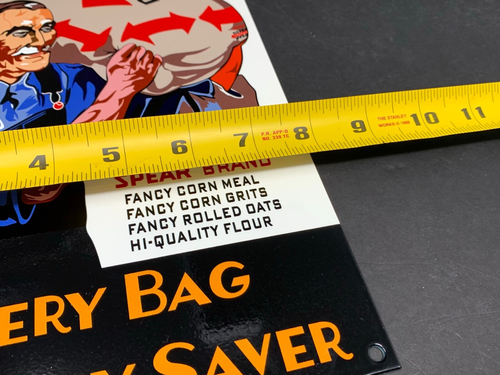 VINTAGE SPEAR BRAND FEEDS ADVERTISING 12″ METAL FLOUR SIGN FOOD BAKERY GAS OIL
