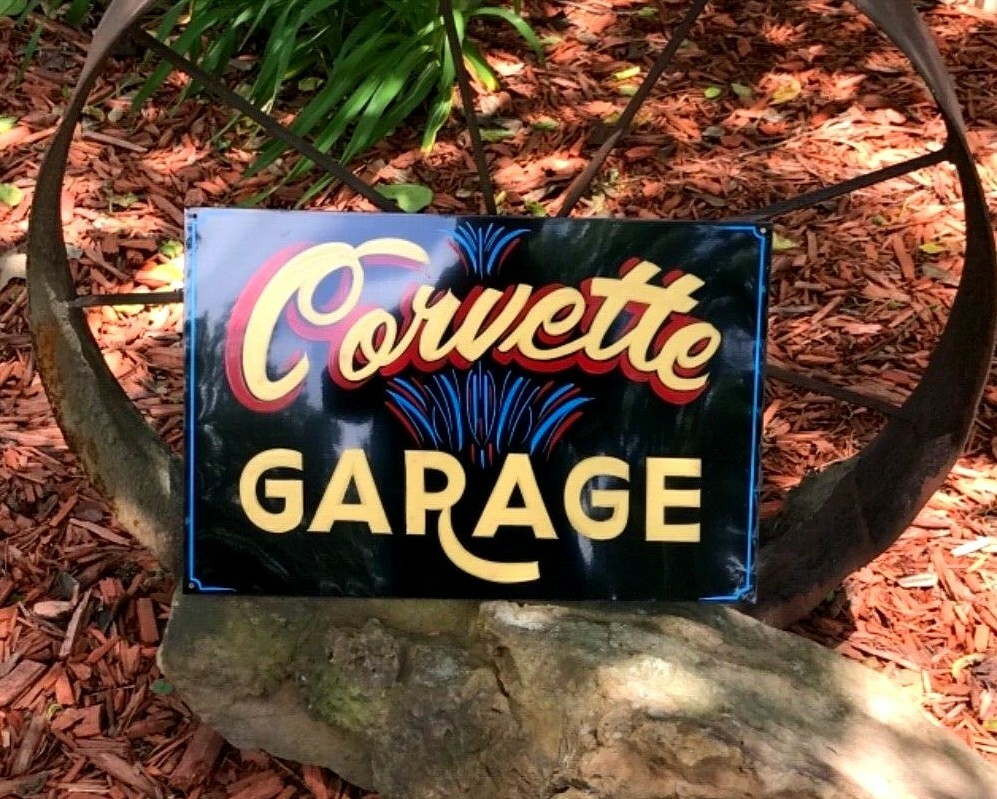 Vintage CHEVY Corvette Garage Painted HOT Rod Man Cave Car Dealer SIGN Pinstripe