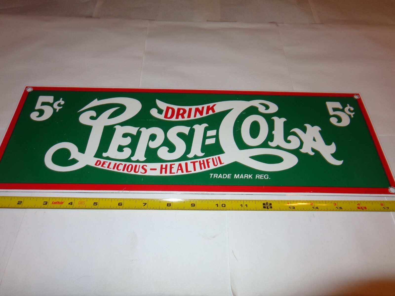 18×6 in DRINK PEPSI-COLA 5c DELICIOUS SODA POP ADV SIGN HEAVY DIE CUT METAL S319