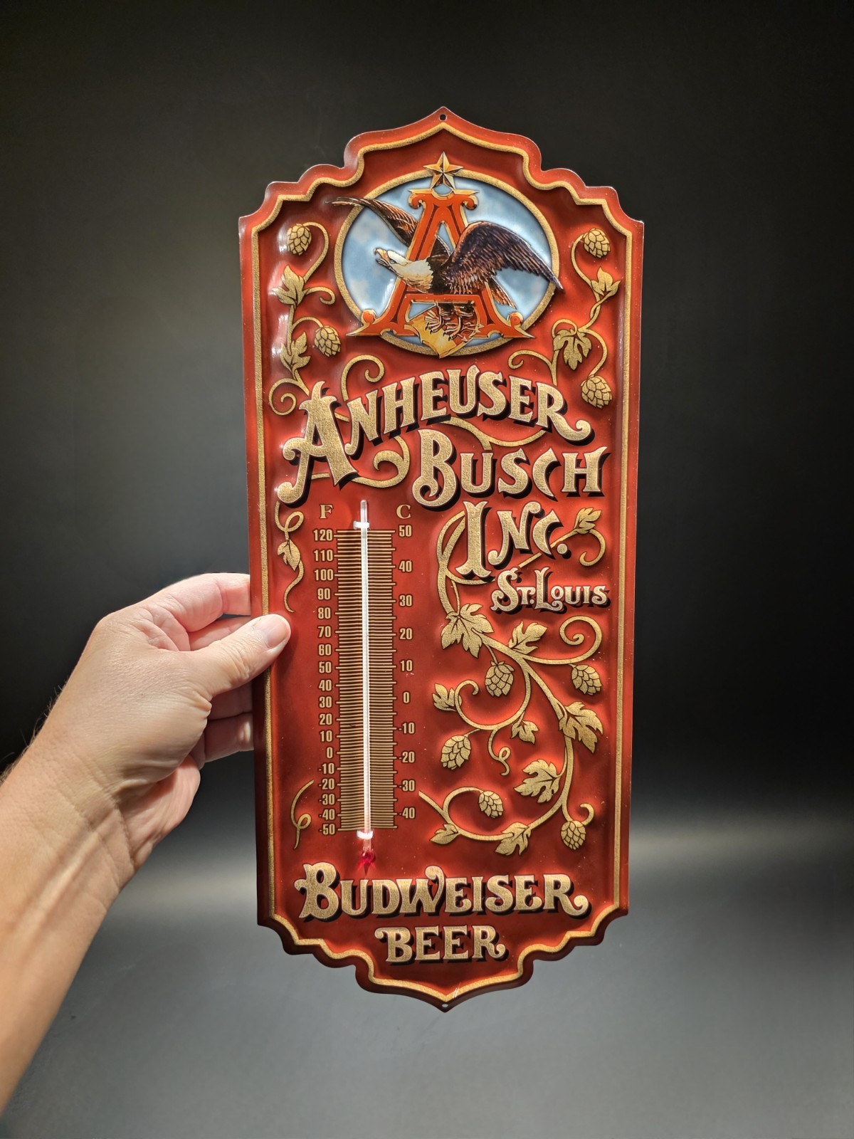 Metal Vintage Style Anheuser Busch Budweiser Wall Thermometer Sign