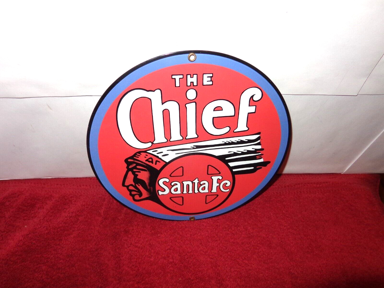 9 7/8 in SANTA FE CHIEF RAILROAD ADV. SIGN HEAVY DIE CUT METAL PORCELAIN – 920 D