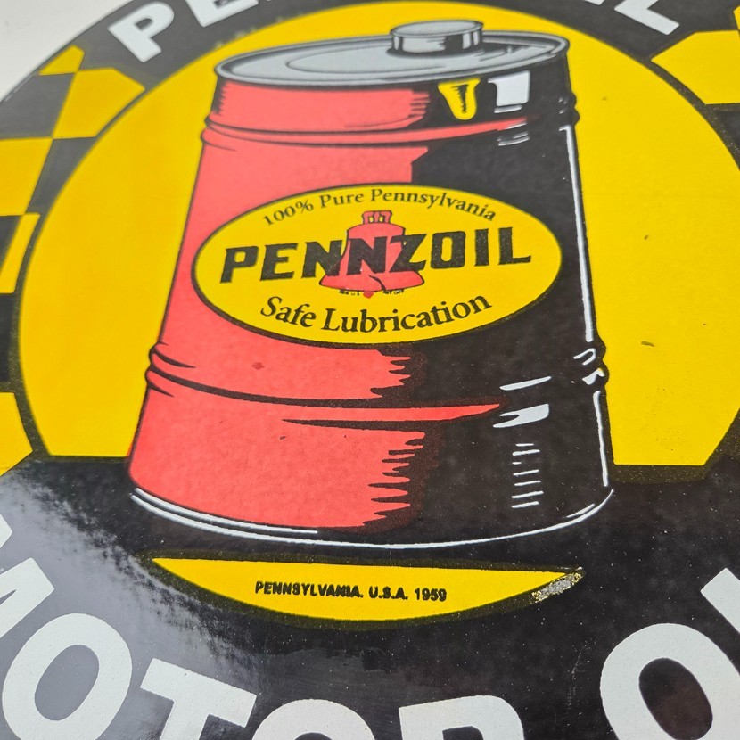 Vintage Pennzoil Porcelain Sign – Motor Oil Drum Can Lubrication Porcelain Sign