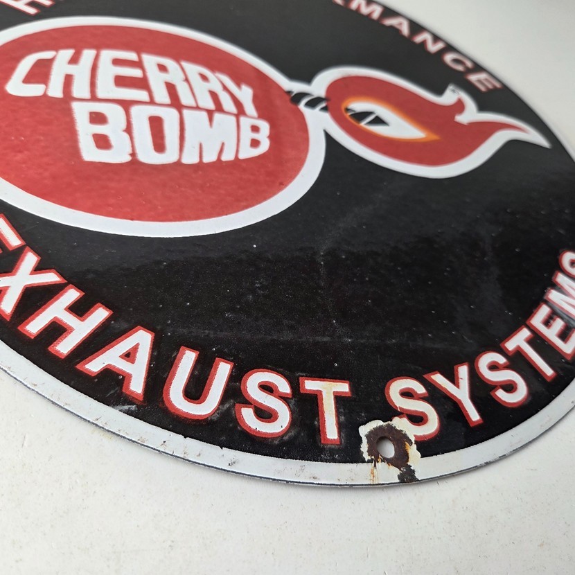 Vintage Cherry Bomb Sign – Auto Mechanic Exhaust Gas Pump Hot Rod Porcelain Sign