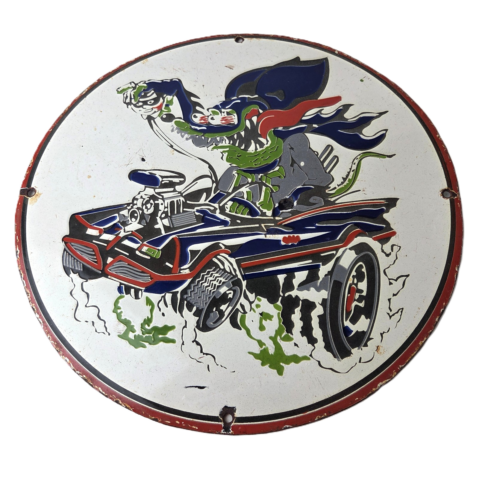 Vintage Rat Fink Hot Rod Batmobile Porcelain Sign – Kustom Fink Batman Sign